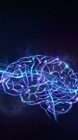 Glowing neon brain with electric neural connections on dark cosmic background for artificial intelligence and neuroscience concepts.