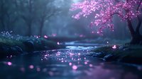 Mystical stream in foggy forest with glowing pink cherry blossoms reflecting in water, creating dreamy atmosphere at dusk. Magical nature landscape.