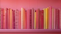 Colorful collection of pink, coral, and yellow books arranged on shelf against pink wall, creating monochromatic aesthetic for home decor.