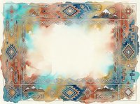 Southwestern geometric border frame with watercolor textures, turquoise and rust tones, isolated on white background for design, invitations, and creative projects.
