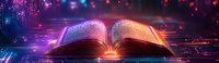 Open magical book with glowing pages emitting mystical light against dark background with bokeh effects and digital elements in purple and orange hues.