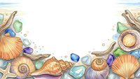 Watercolor seashells and sea glass border frame on white background with copy space for summer beach vacation designs and coastal decorating projects.