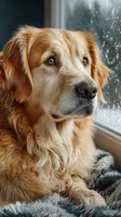 Golden retriever dog sitting by rainy window with water drops, cozy indoor pet portrait for home comfort and companionship themes.