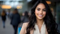 Young Hispanic businesswoman smiling confidently in modern office environment with blurred colleagues in background for corporate communications.