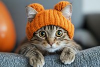 Tabby cat wearing orange knitted beanie with cat ears, resting on gray fabric surface with paws visible, suitable for pet, humor, and lifestyle content.