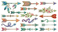Colorful tribal and boho arrows with feathers, geometric patterns, and floral elements isolated on white background, ready for design projects and decorative applications.