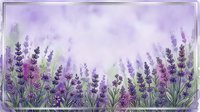 Watercolor lavender field border with purple flowers and green stems on soft violet background for wedding invitations and romantic designs.