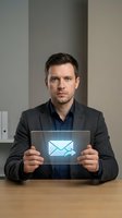 Caucasian male professional holding tablet with glowing email icon, representing digital communication, business messaging, and online correspondence for corporate use.