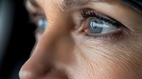 Close-up macro shot of bright blue eye with long eyelashes and natural skin texture showing fine details of iris and eye structure in dramatic lighting.