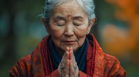 Elderly Asian woman with gray hair in traditional orange and red clothing praying peacefully with closed eyes and joined hands against blurred natural background.