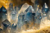 Luminous blue crystal points emerge from golden mineral matrix, showcasing natural geometric formations and prismatic light effects in macro photography.