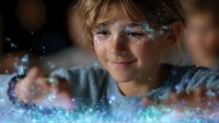 Young person with glowing magical cosmic effects and sparkles around face expressing wonder and imagination against dark background with ethereal blue lights.
