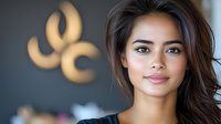 Young Asian woman with natural makeup and flowing dark hair smiling warmly against blurred background with decorative golden wall elements.