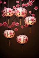 Glowing Asian paper lanterns decorated with pink cherry blossoms hanging against dark background create magical atmosphere for festive celebrations and events.