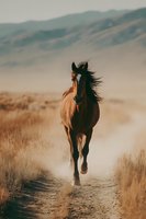 Brown horse with dark mane running on dusty rural road through dry grassland with mountains in background, suitable for equestrian, nature and travel themes.