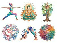 Yoga and meditation themed illustrations featuring warrior pose, seated Buddha figure, sacred tree, Om symbol with ornamental flourishes, downward dog position, and colorful mandala design. Isolated clipart elements ready for wellness, spirituality, and mindfulness design projects.