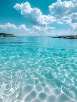 Tranquil turquoise ocean water with light ripples reflecting sunlight, white fluffy clouds in bright blue sky over rocky coastline, crystal clear Mediterranean seascape.