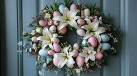 Easter wreath with white lilies, pastel colored eggs, and eucalyptus on sage green door creates festive spring holiday decor for home entrance.