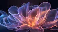 Abstract flowing petals with luminous purple pink orange gradient creating ethereal flower-like form on dark background for modern design projects.