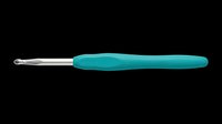 Crochet hook with teal ergonomic handle and silver metal tip, isolated on transparent background, ready for crafting clipart, stickers, print on demand, and t-shirt design use.