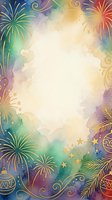 Festive watercolor frame with colorful fireworks, gold ornaments, and swirling decorative elements on isolated white background. Perfect for holiday cards, invitations, and seasonal design projects.