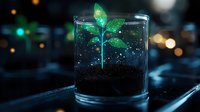 Glowing green plant sprout growing in glass jar with soil against dark background with bokeh lights, magical nature concept for environmental themes.