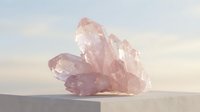Large translucent rose quartz crystal cluster on minimalist surface with soft pastel lighting for wellness meditation and spiritual healing practices.