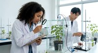 African American female scientist examining plant specimen with magnifying glass while Asian male researcher works in modern laboratory setting.