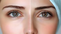 Close-up comparison of natural and enhanced eye makeup looks showing detailed brow grooming, lash definition, and subtle differences in eye area cosmetic application.