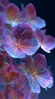 Delicate hydrangea flowers with glowing veins in purple, pink and blue tones against dark background, creating ethereal botanical art.