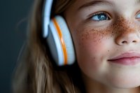 Close-up of young girl with freckles wearing white and orange headphones against dark background, enjoying music with serene expression.