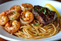 Grilled steak and sauteed shrimp served with garlic butter pasta, fresh herbs, and lemon wedge on white plate, surf and turf style restaurant dish.