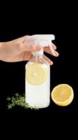 Hand holding a glass spray bottle with lemon slice, half lemon and herbs beside it, isolated on transparent background, ready for t-shirt, sticker, and print on demand use.