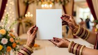 Bride wearing traditional henna and gold bangles holding blank card at wedding celebration with decorated venue and flowers in background.