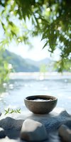 Ceramic bowl with water on stone near lake, framed by bamboo leaves. Zen garden atmosphere with soft bokeh light and mountain landscape background.