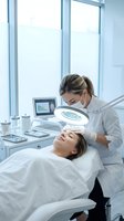 Professional dermatologist examining female patient with magnifying lamp in modern medical clinic for skincare treatment and facial analysis.