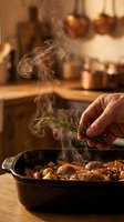 Caucasian male hand adding fresh rosemary to sizzling roasted vegetables in cast iron skillet with steam rising, warm kitchen setting with blurred cookware background.