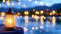 Glowing lantern with warm light against blurred bokeh background of evening waterfront, creating romantic atmospheric mood for outdoor decoration.