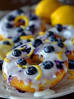 Glazed lemon blueberry donuts with fresh berries and citrus zest on white plate, homemade bakery dessert for breakfast menu and sweet treat photography.