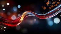 Glowing red and blue waves with light effects on dark background create dynamic motion with floating bokeh circles and luminous energy streams.