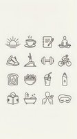 Minimalist line art icons set featuring wellness and lifestyle symbols on beige background for modern design projects.