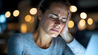 Young Caucasian woman experiencing headache while working late at computer, touching temple with tired expression against blurred bokeh lights background.