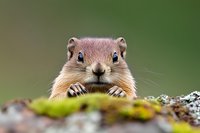 Curious ground squirrel peeking over mossy rock with paws visible, close-up portrait showing expressive face and whiskers against soft green natural background.
