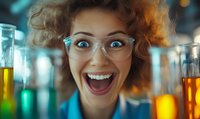 Excited female scientist with curly red hair and glasses expressing joy in laboratory surrounded by colorful chemical solutions in test tubes. Laboratory research concept.