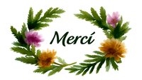 Watercolor floral wreath with green ferns, pink and orange flowers framing French word Merci on white background, suitable for greeting cards and invitations.