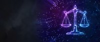 Glowing neon scales of justice symbol in cosmic space with stars and particles. Legal technology concept for law firms, courts, and digital justice systems.