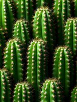 Green columnar cacti with sharp spines arranged in vertical rows creating natural geometric pattern for botanical backgrounds and desert landscaping projects.