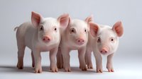 Three pink baby piglets standing in a row on light background, looking at camera with curious expressions. Adorable farm animals for agriculture and livestock concepts.