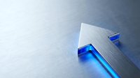 Upward arrow made of translucent blue glass on metallic surface, symbolizing growth, progress, and financial success for business presentations.