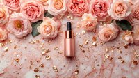 Luxury rose gold serum bottle on pink marble background with fresh peach roses and golden glitter scattered around, elegant cosmetic flatlay styling.